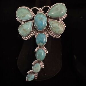 Genuine Kingman Turquoise and Sterling Silver Dragonfly statement ring
